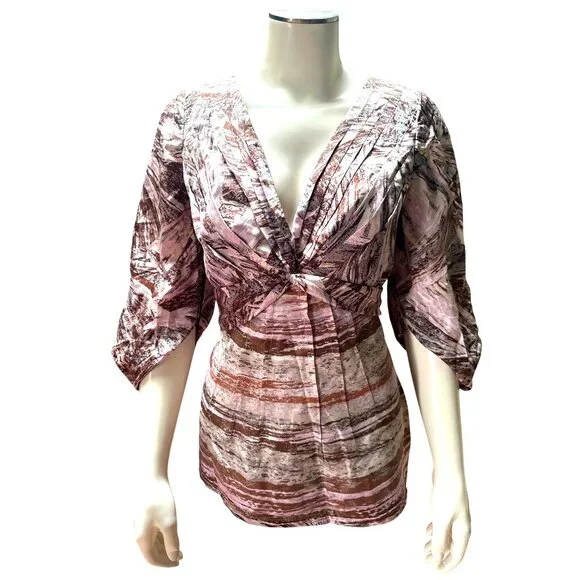 BCBG MaxAzria S Pink Brown Silk Blouse Abstract Print Draped V Neck Designer Top - Picture 2 of 12